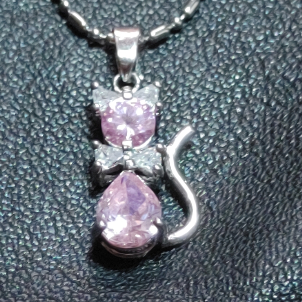 18K SP Pink Crystal Kitty Cat 16" 18K GP Chain Necklace